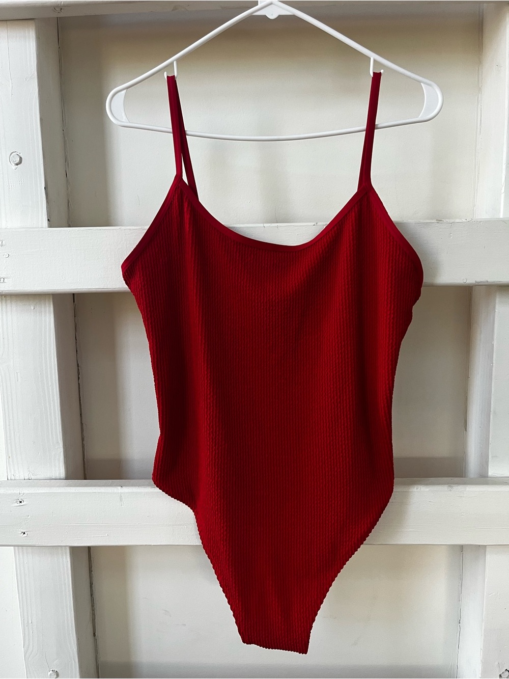 H&M Bright Red Ribbed Bathing Suit with Spaghetti Straps